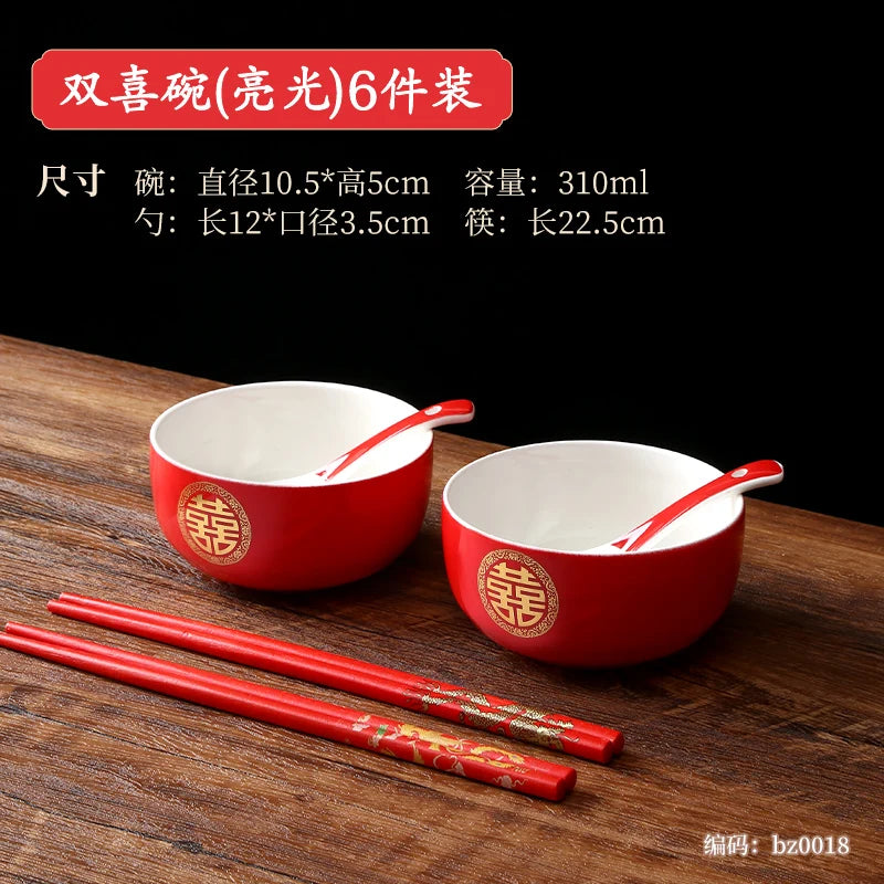 Chinese Wedding Tableware Set Joyful Red Ceramic Bowls Spoons Teacups Chopsticks Tray Wedding Supplies Gifts